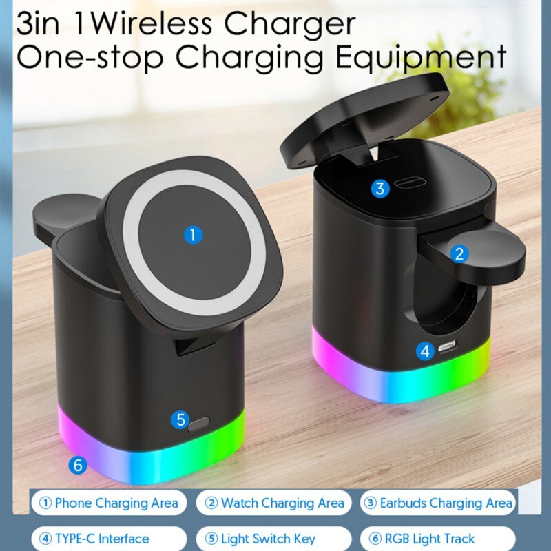 ARMORCASE™ ChargeHub RGB — 3-in-1 Foldable Wireless Charging Station with RGB Light | Phone, Watch & Earbuds